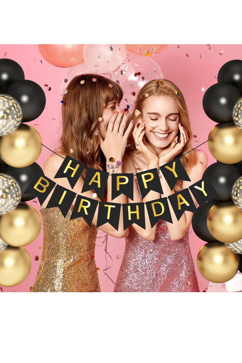 زينة حفلات التخرج  باللون الاسود والذهبي، لافتة عيد ميلاد سعيد، ستارة بشراشيب ذهبية، بالونات قصاصات ورقية على شكل قلب ونجوم، دوامات معلقة لحفلات التخرج - Image 4