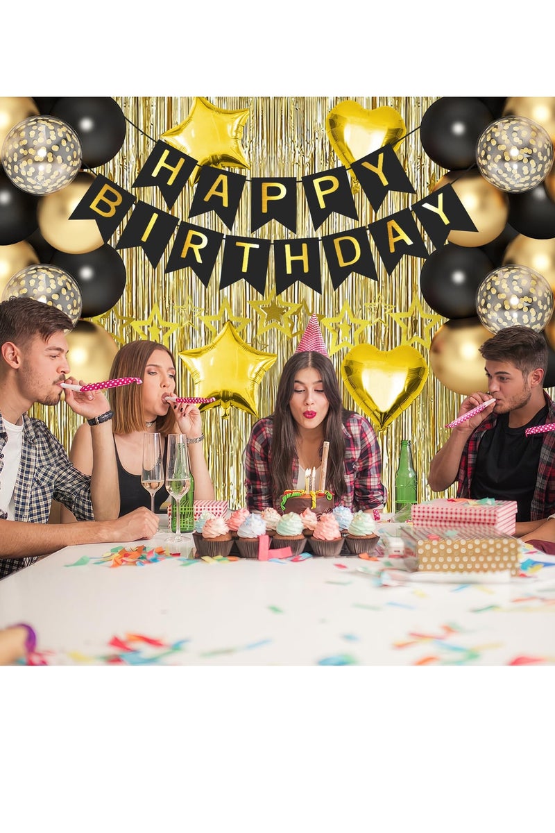 زينة حفلات التخرج  باللون الاسود والذهبي، لافتة عيد ميلاد سعيد، ستارة بشراشيب ذهبية، بالونات قصاصات ورقية على شكل قلب ونجوم، دوامات معلقة لحفلات التخرج - Image 5