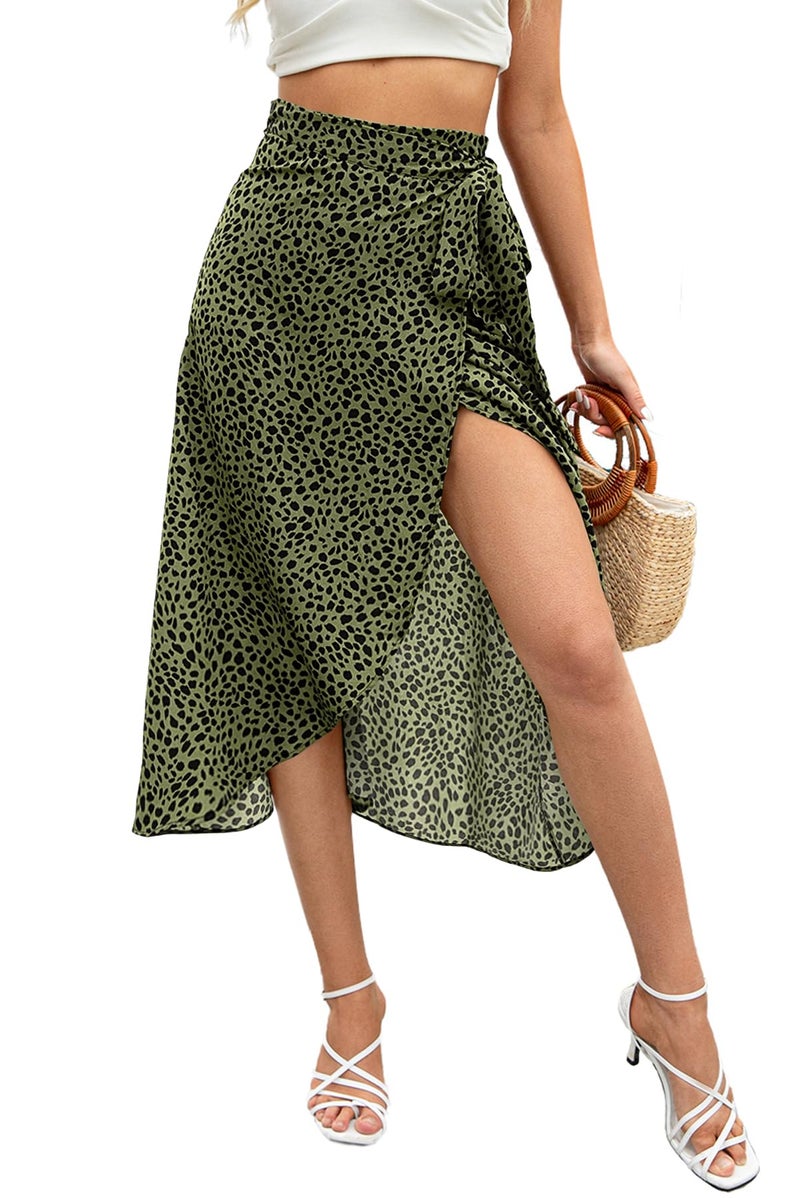 Newchoice Womens Long Skirts for Summer Fashion Leopard Rodeo Outfit Self Tie Wrap Midi Skirt T-Leopard Green M - Image 1