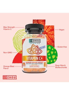 Zhou Zhou Nutrition Vitamin C+ Immune Support Gummies Max Strength with Rose Hips & Bioflavonoids, Non-GMO, Vegan, Gluten Free, Orange Blast Flavor, 60 Count  - Image 4