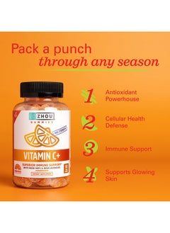 Zhou Zhou Nutrition Vitamin C+ Immune Support Gummies Max Strength with Rose Hips & Bioflavonoids, Non-GMO, Vegan, Gluten Free, Orange Blast Flavor, 60 Count  - Image 3