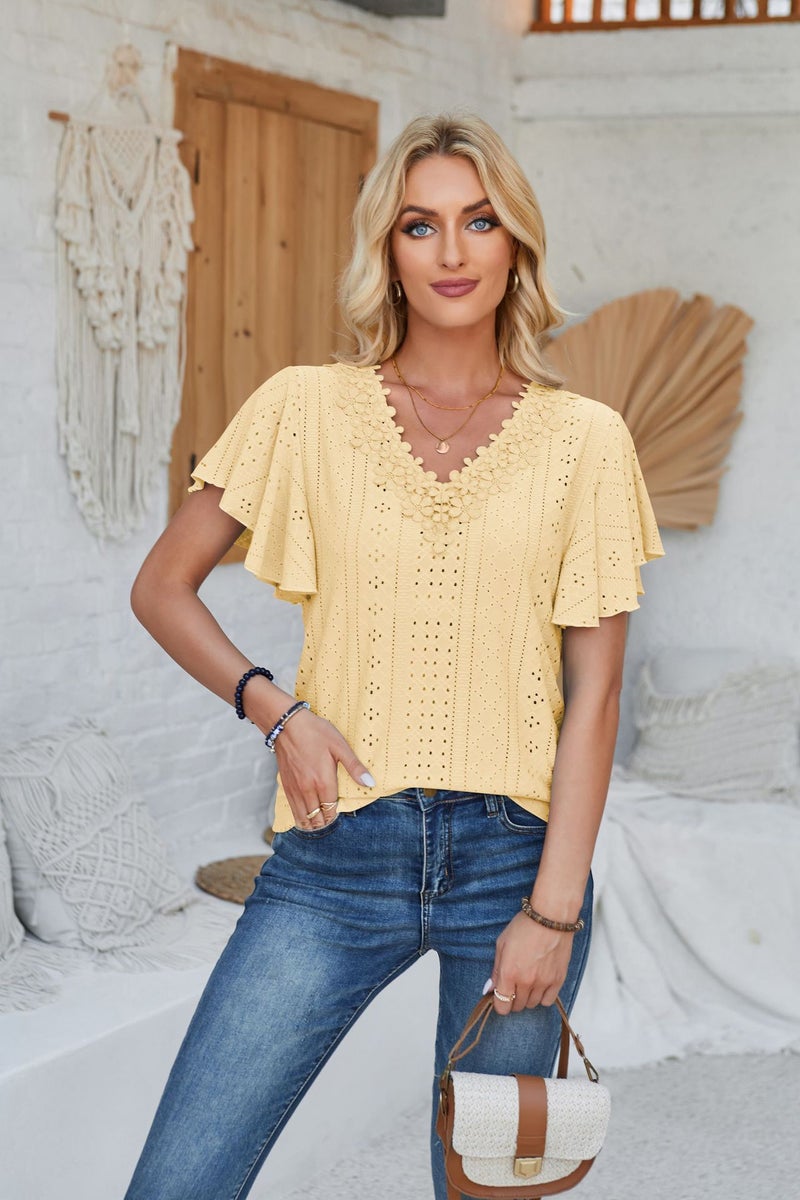 women's clothing spring and summer new lace V-neck ruffle sleeve solid color loose T-shirt
