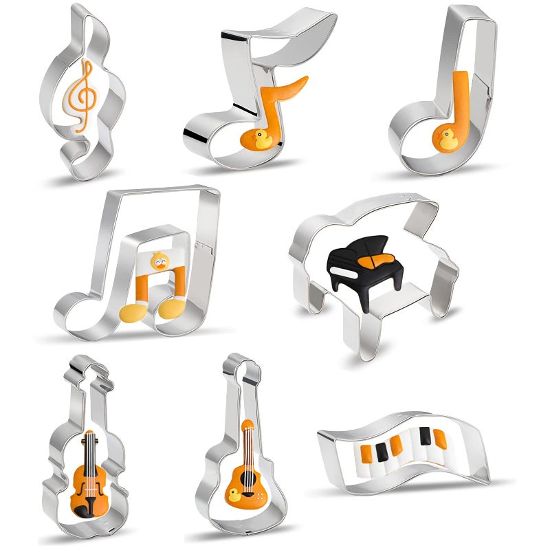 Music Note Cookie Cutter Shapes Set  8 Pieces Stainless Steel Metal G Clef Eighth Note a Quarter Note Piano Violin Guitar Piano Keyboard Musical Instruments Biscuit Fondant Cookie Cutters Molds