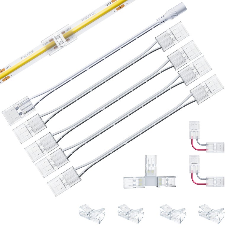 PAUTIX 8mm Connectors for 2-Pin COB LED Strip Lights,4pcs Transparent Gapless Connectors,4pcs Dual End,1pc Single to DC Female Plug 7.9in Extension Wire,2pcs L-shaped Connectors,1pc T-shaped Connector - Image 1