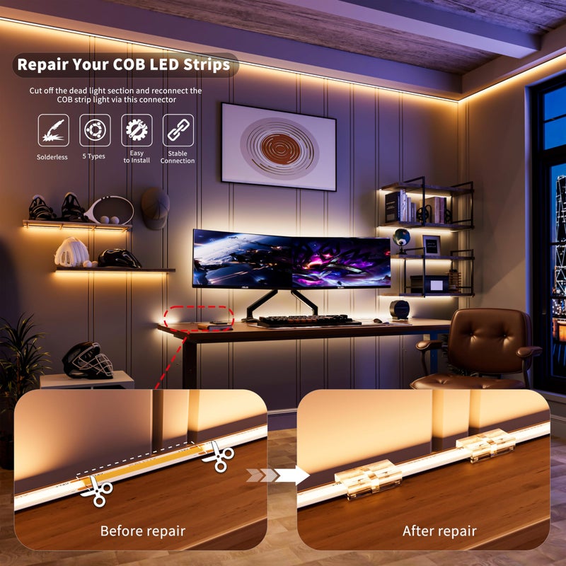 PAUTIX 8mm Connectors for 2-Pin COB LED Strip Lights,4pcs Transparent Gapless Connectors,4pcs Dual End,1pc Single to DC Female Plug 7.9in Extension Wire,2pcs L-shaped Connectors,1pc T-shaped Connector - Image 5