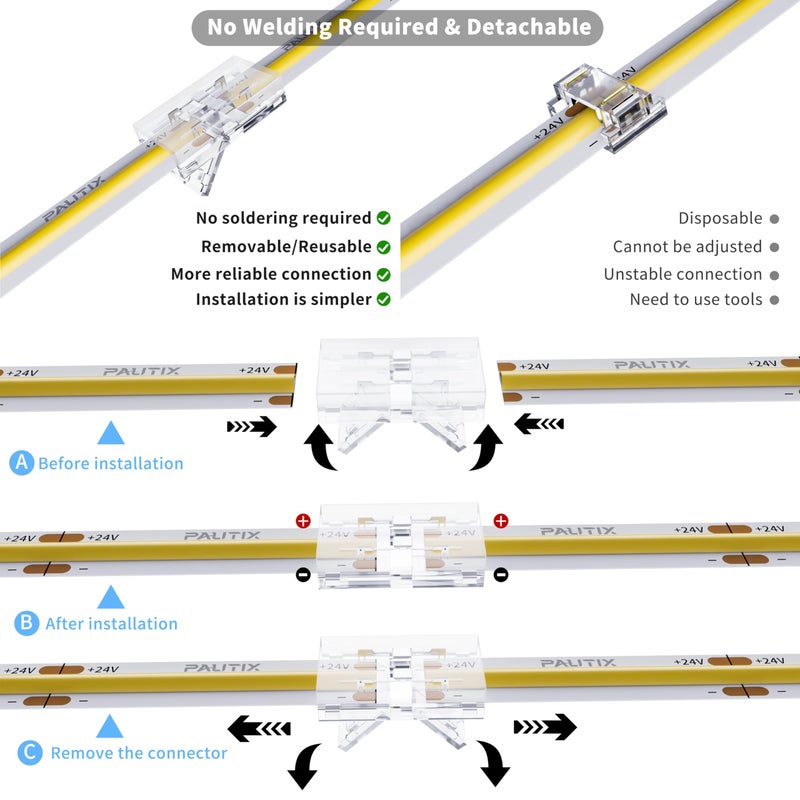 PAUTIX 8mm Connectors for 2-Pin COB LED Strip Lights,4pcs Transparent Gapless Connectors,4pcs Dual End,1pc Single to DC Female Plug 7.9in Extension Wire,2pcs L-shaped Connectors,1pc T-shaped Connector - Image 3