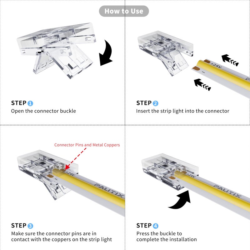 PAUTIX 8mm Connectors for 2-Pin COB LED Strip Lights,4pcs Transparent Gapless Connectors,4pcs Dual End,1pc Single to DC Female Plug 7.9in Extension Wire,2pcs L-shaped Connectors,1pc T-shaped Connector - Image 4