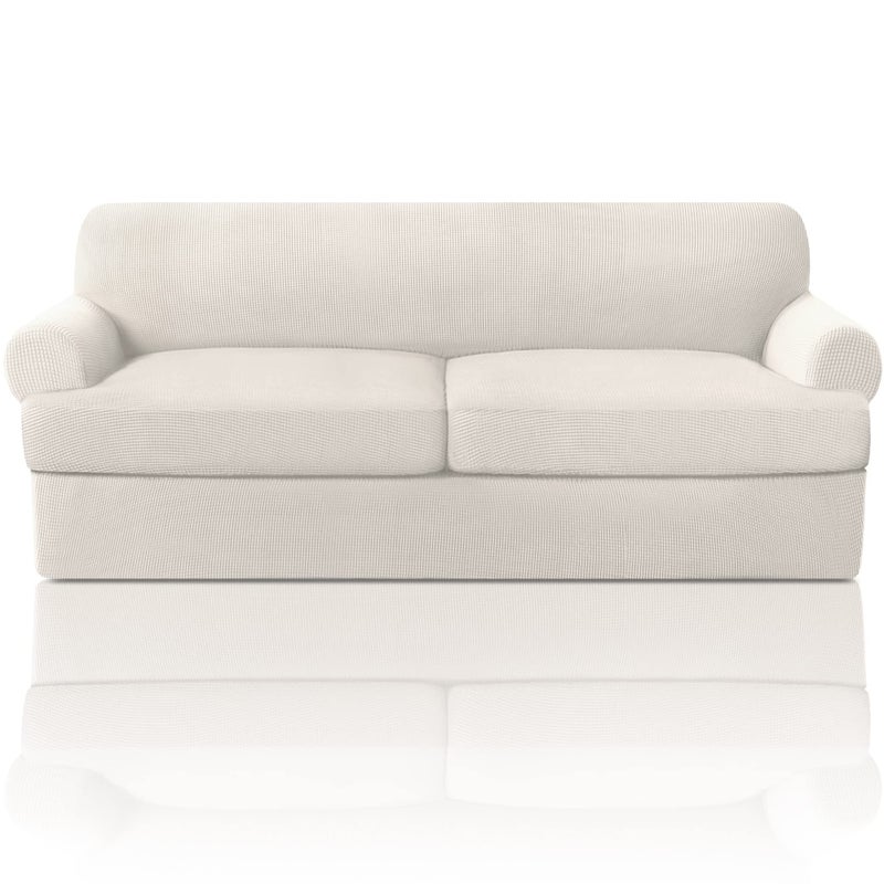PrinceDeco PrinceDeco T Cushion Sofa Slipcover 3 Pieces Sofa Covers for T Cushion Couch Soft Couch Covers Sofa Slip Cover Furniture Covers with 2 Individual T Shape Seat Covers Width Up to 90 Ivory 