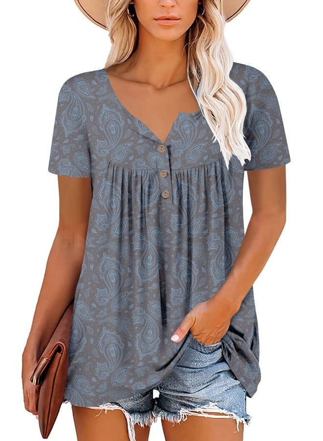 Mystry Zone Womens Henley V Neck Casual Blouse Button Down T Shirts Flare and Flowy Tops, 1-grayblue, XL - Image 1