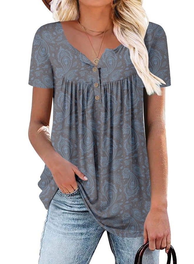 Mystry Zone Womens Henley V Neck Casual Blouse Button Down T Shirts Flare and Flowy Tops, 1-grayblue, XL - Image 2