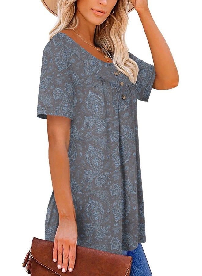 Mystry Zone Womens Henley V Neck Casual Blouse Button Down T Shirts Flare and Flowy Tops, 1-grayblue, XL - Image 3