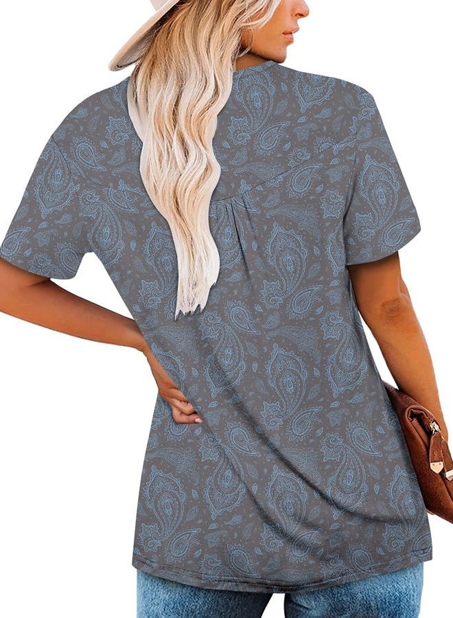 Mystry Zone Womens Henley V Neck Casual Blouse Button Down T Shirts Flare and Flowy Tops, 1-grayblue, XL - Image 4