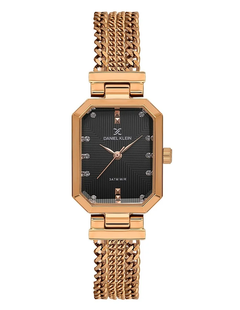 DANIEL KLEIN Women's Stainless Steel Rose Gold Alloy Case Analog Black Square Emboss Dial Japanese Quartz Premium 30 Meters Water Resistant