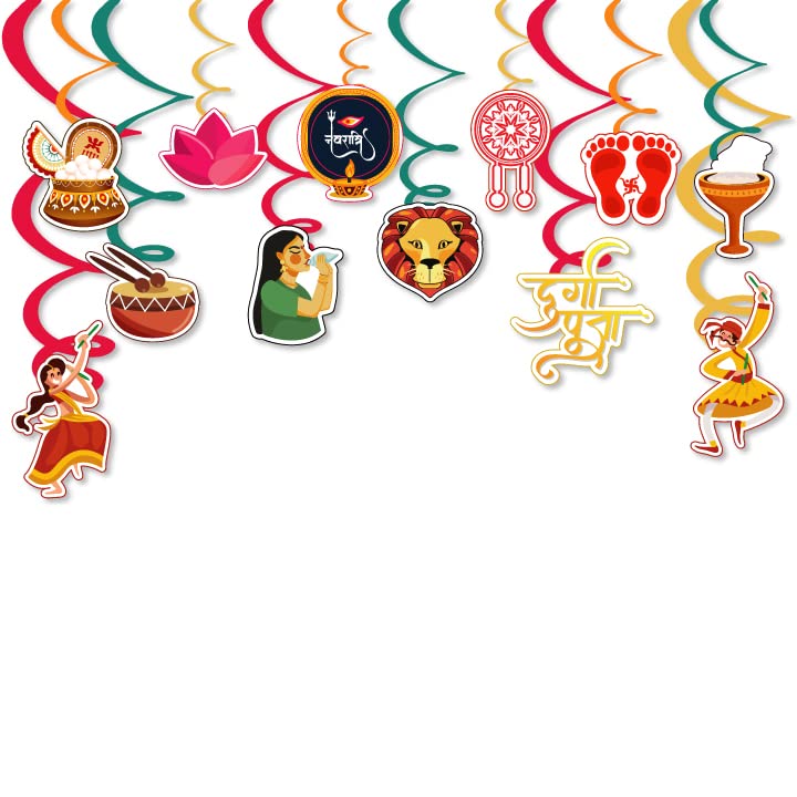 Festiko®Happy Durga Puja Swirls Decoration,Durga Puja Decoration Items,Decorative Items for Durga Puja,Navratri Festival Decoration,Puja Party Supplies Swirls 12 Pcs - Image 1