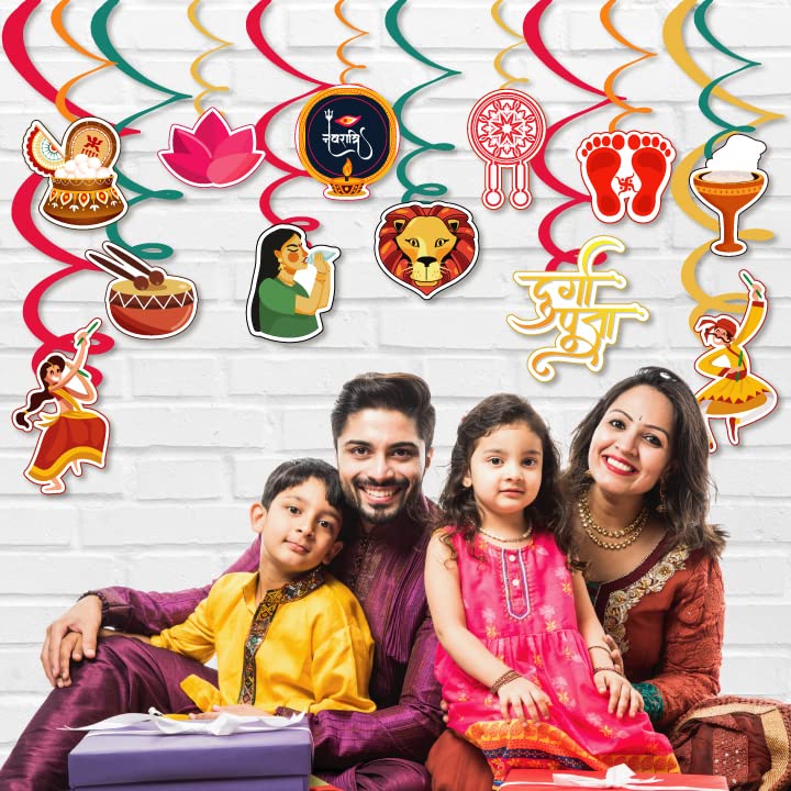 Festiko®Happy Durga Puja Swirls Decoration,Durga Puja Decoration Items,Decorative Items for Durga Puja,Navratri Festival Decoration,Puja Party Supplies Swirls 12 Pcs - Image 4
