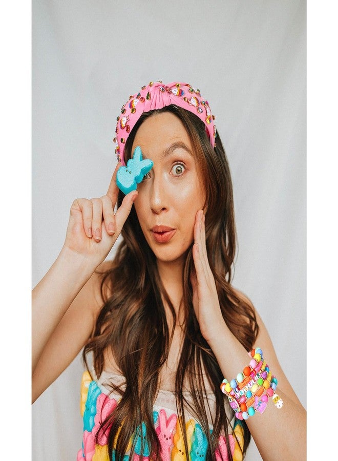 boderier Easter Headbands for Women Girls Easter Bunny Headband Crystal Jewel Embellished Wide Knotted Headband Spring Easter Accessories (Basket Bunny-Pink) - Image 2