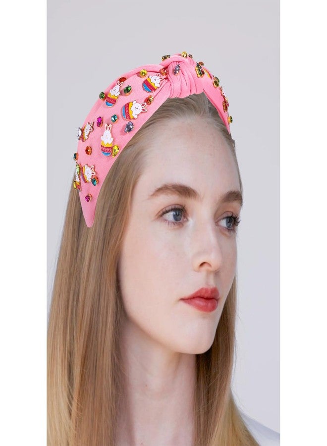 boderier Easter Headbands for Women Girls Easter Bunny Headband Crystal Jewel Embellished Wide Knotted Headband Spring Easter Accessories (Basket Bunny-Pink) - Image 3