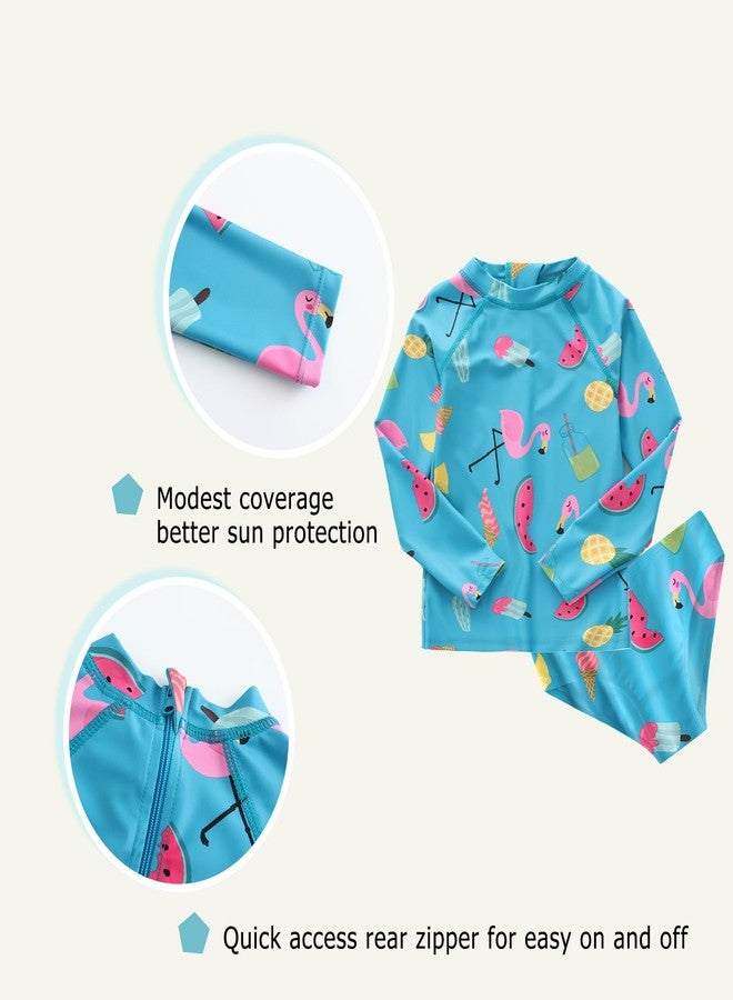 Mardonskey Baby Girls Rash Guard Swim Set Girls Long Sleeve Swimsuits with Bikini Bottom Two Piece Bathing Suits for Toddler Baby Girls Flamingo Style 24 Months - Image 4
