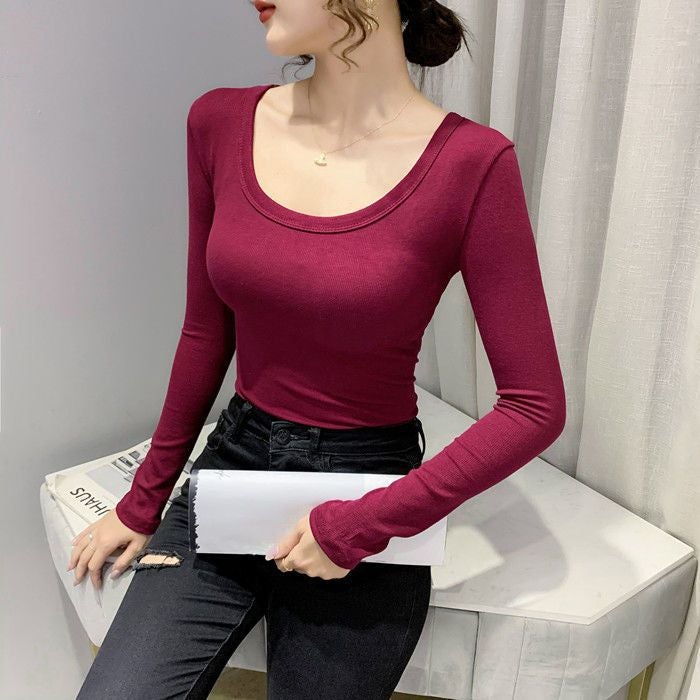 ملابس علوية CrimsonUNeck Cotton ملابس أساسية الخريف مُلابِسٌ ضخمة للنساء - Image 1