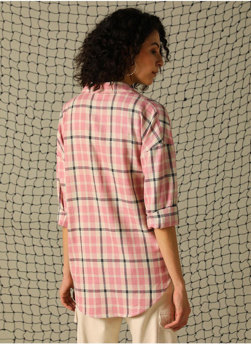 Hubberholme Women's Pink Cotton Blend Checkered Button Down Oversized Shirt  - Image 3