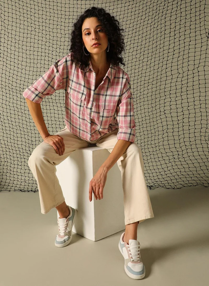 هوبرهولمي Women's Pink Cotton Blend Checkered Button Down Oversized Shirt