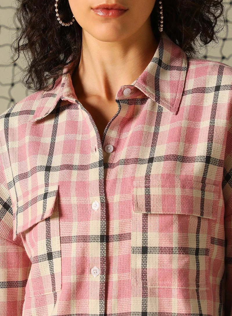 هوبرهولمي Women's Pink Cotton Blend Checkered Button Down Oversized Shirt