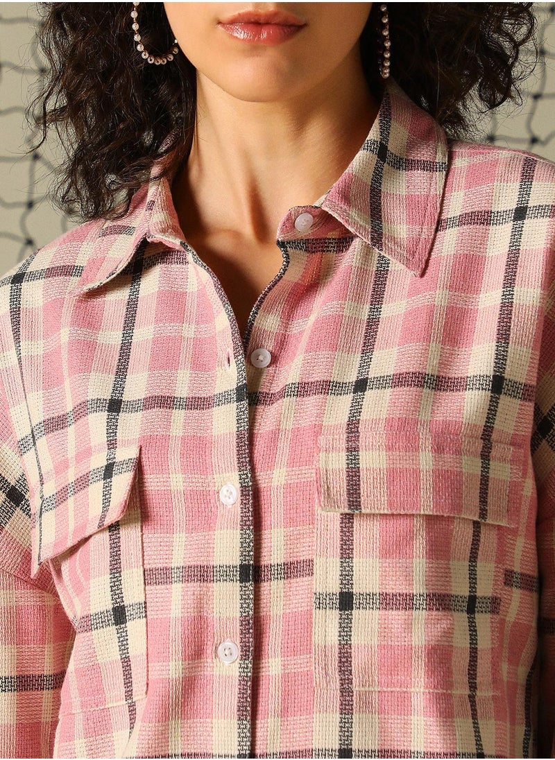 Hubberholme Women's Pink Cotton Blend Checkered Button Down Oversized Shirt  - Image 4
