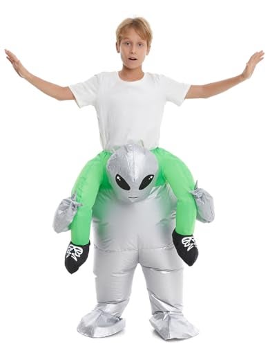 HSCTEK Inflatable Alien Costume Kids Boys Girls Blow Up Riding Alien Abduction Cosplay Child Carrying Me Holding Man Halloween Costume Children Silver - Image 1