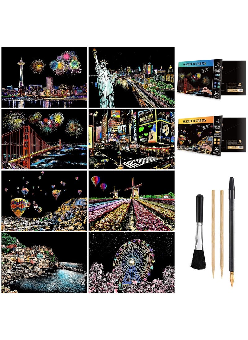 AP ARTSPER Scratch Art for Kids Adults Rainbow Engraving Painting Landscape ScratchboardA4 Crafts Set 8 Sheets with 4 Tools New York Statue of Liberty Golden Gate Bridge Manarola AmericaEurope 
