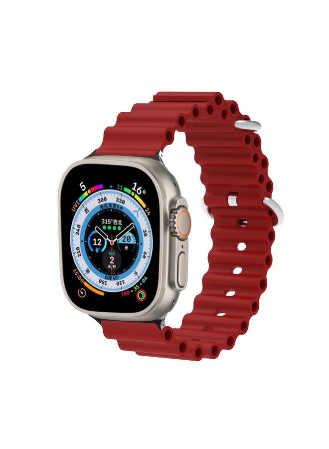 Replacement Strap Ocean Silicone Metal Head Watch Band For Apple Watch Ultra 49mm&Watch Ultra 2 49mm / Series 9&8&7 45mm / SE 3&SE 2&6&SE&5&4 44mm / 3&2&1 42mm Wine Red