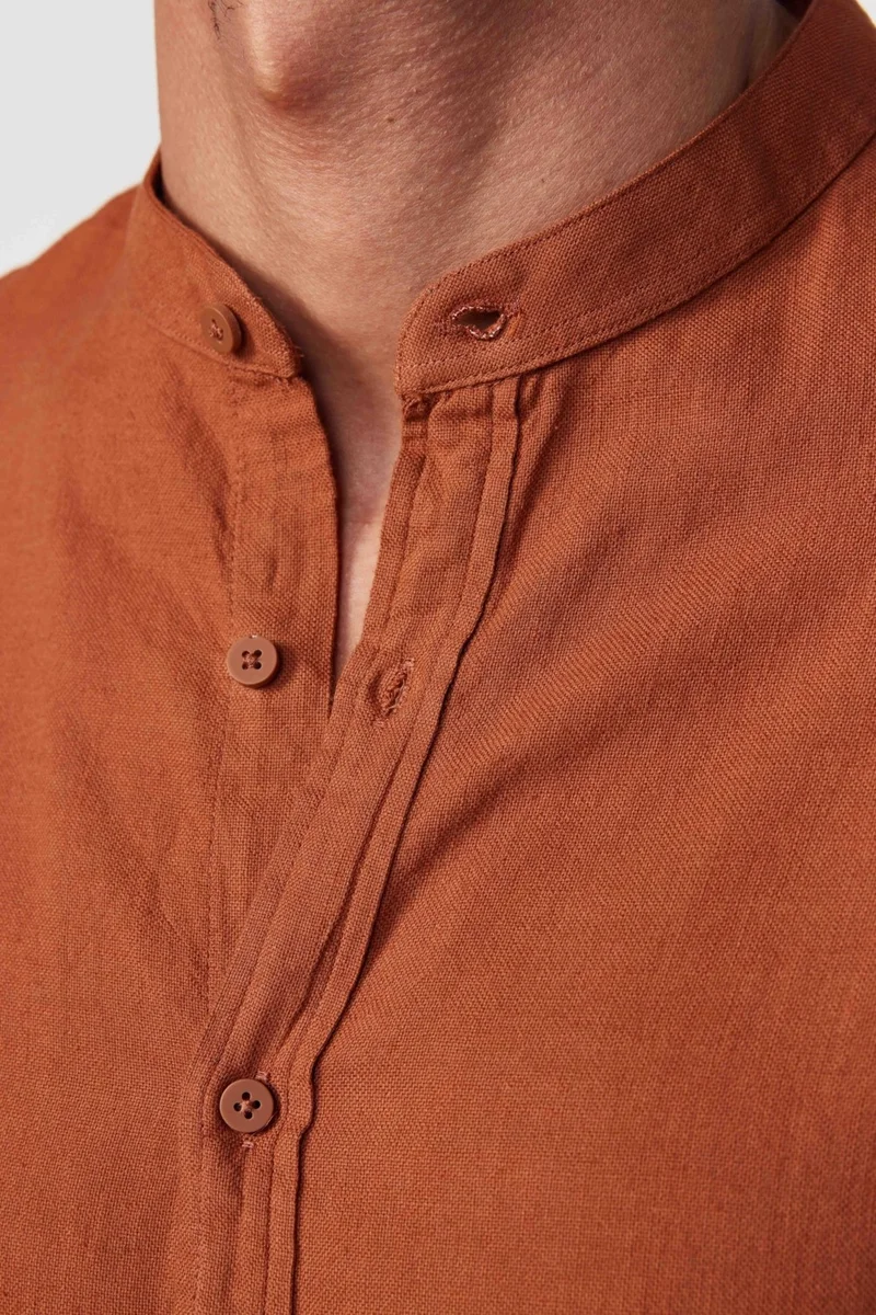 تودورس Slim Fit Slim Fit Long Sleeve Crew Collar Cotton Linen Effect Tile Shirt