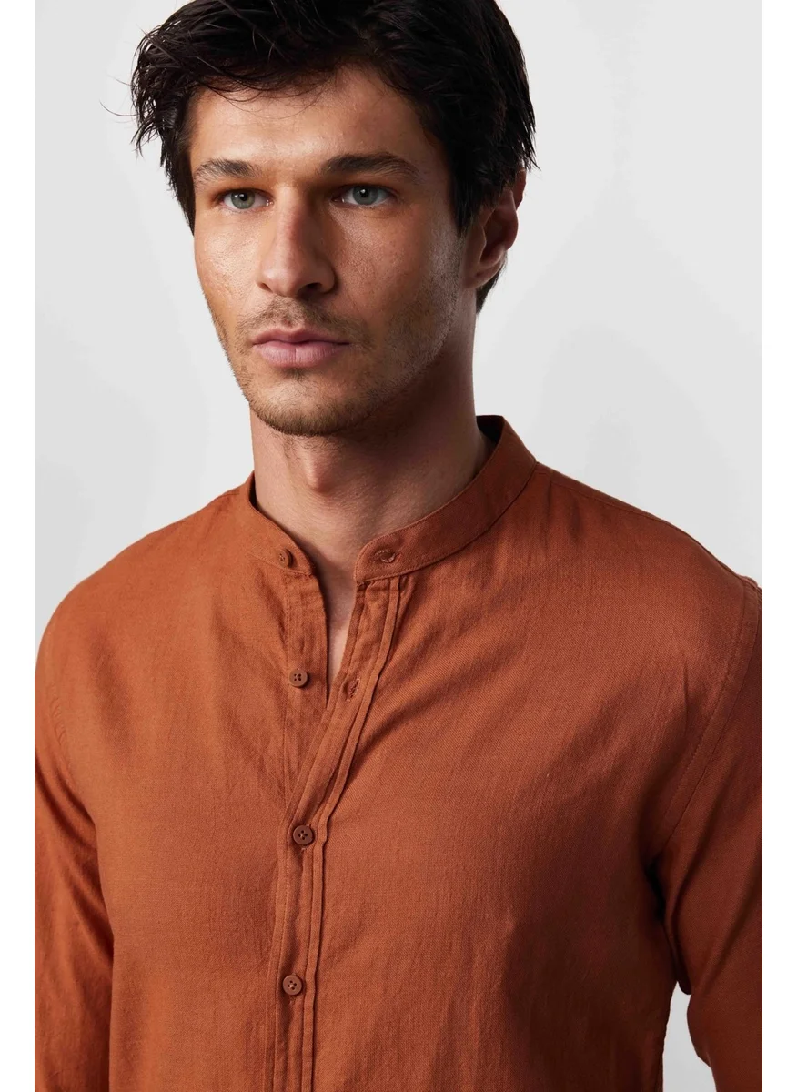 تودورس Slim Fit Slim Fit Long Sleeve Crew Collar Cotton Linen Effect Tile Shirt