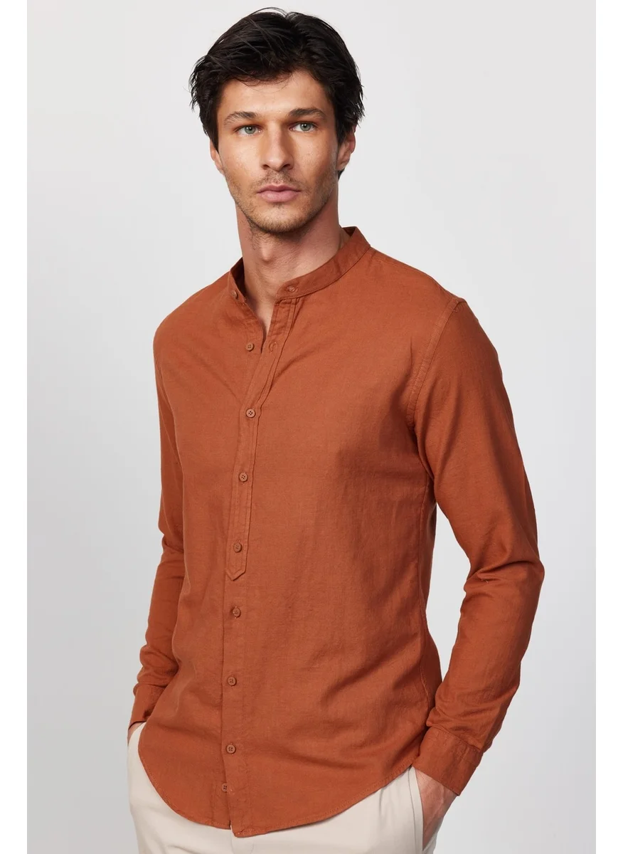 تودورس Slim Fit Slim Fit Long Sleeve Crew Collar Cotton Linen Effect Tile Shirt