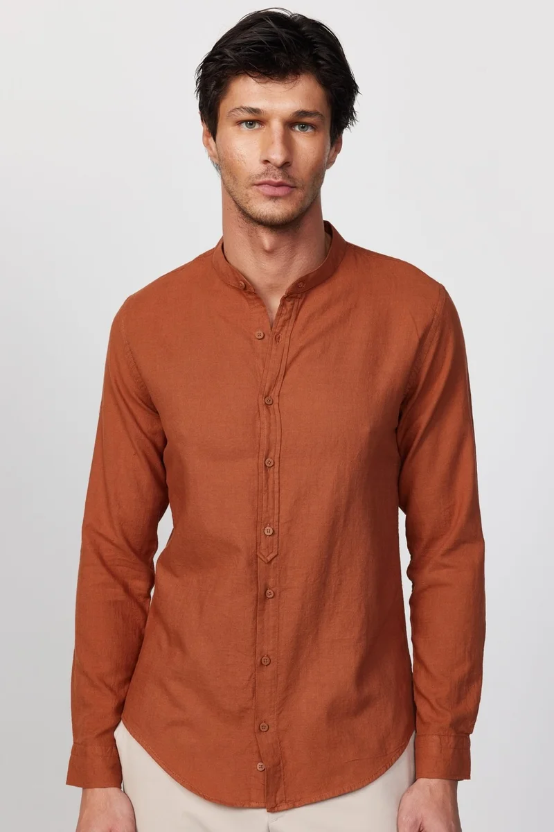 تودورس Slim Fit Slim Fit Long Sleeve Crew Collar Cotton Linen Effect Tile Shirt