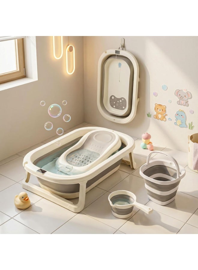 BAYBEE Foldable 4 Pcs Baby Bath Tub Set for Kids | Portable Baby Bathing Tub with Temperature Sensing | Foldable Bucket & Mug | Bath Seat Chair | Multi-Purpose Kids Bathtub for Baby Bather for 0 to 3 Years Grey - Image 1