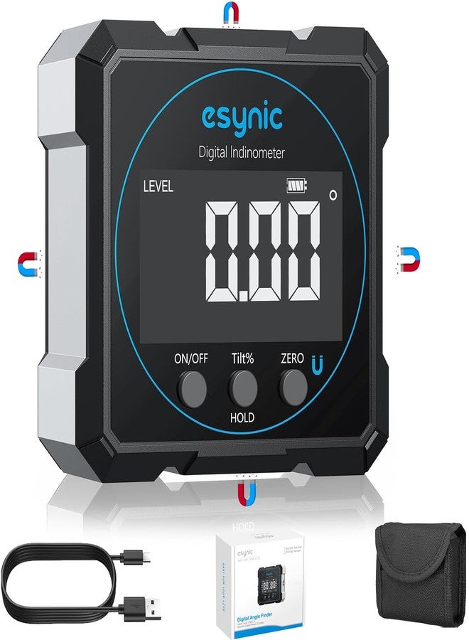 eSynic Digital Level Box 4 x 90 ° with 4 Magnetic Sides Inclinometer, Precise Protractor Rechargeable USB-C with 2 °/% Waterproof Aluminium Units, White Reading, Black Background, Zero Function - Image 1