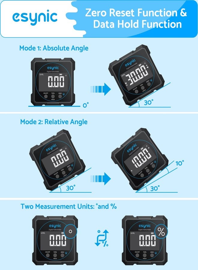 eSynic Digital Level Box 4 x 90 ° with 4 Magnetic Sides Inclinometer, Precise Protractor Rechargeable USB-C with 2 °/% Waterproof Aluminium Units, White Reading, Black Background, Zero Function - Image 2