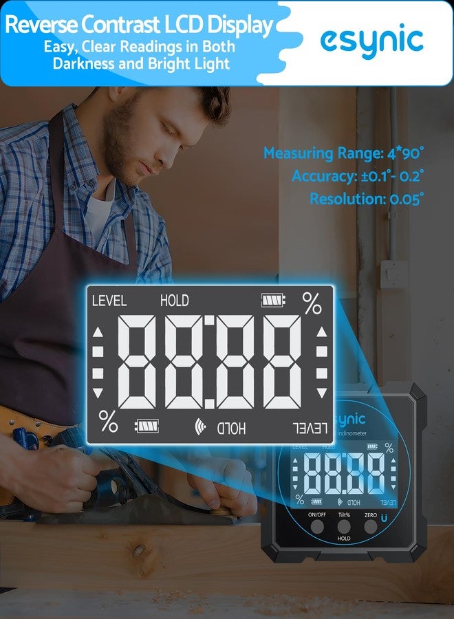 eSynic Digital Level Box 4 x 90 ° with 4 Magnetic Sides Inclinometer, Precise Protractor Rechargeable USB-C with 2 °/% Waterproof Aluminium Units, White Reading, Black Background, Zero Function - Image 3
