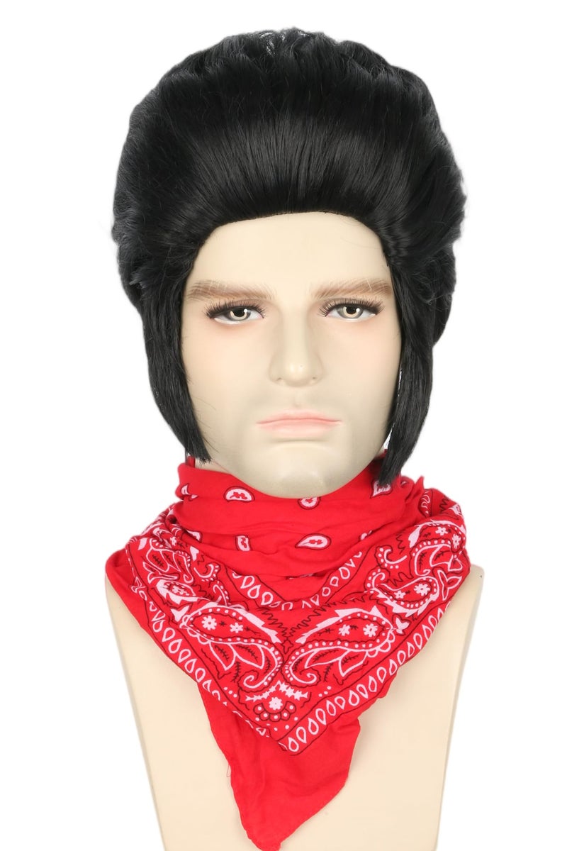 LeMarnia Mens Costume Wig Black Short Disco Wig 50s Rock Singer Wigs for Halloween Party Cosplay