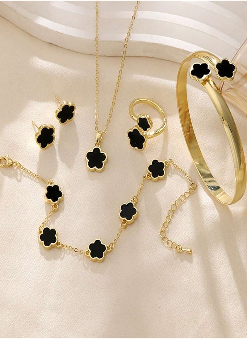YUCCA Huge 6pcs Shiny Flower Lucky Jewelry Set with Shiny Earrings, Necklace, Bracelet and Ring for Women  Trendy and Trendy Alloy Set, Perfect for Gift  - Image 1