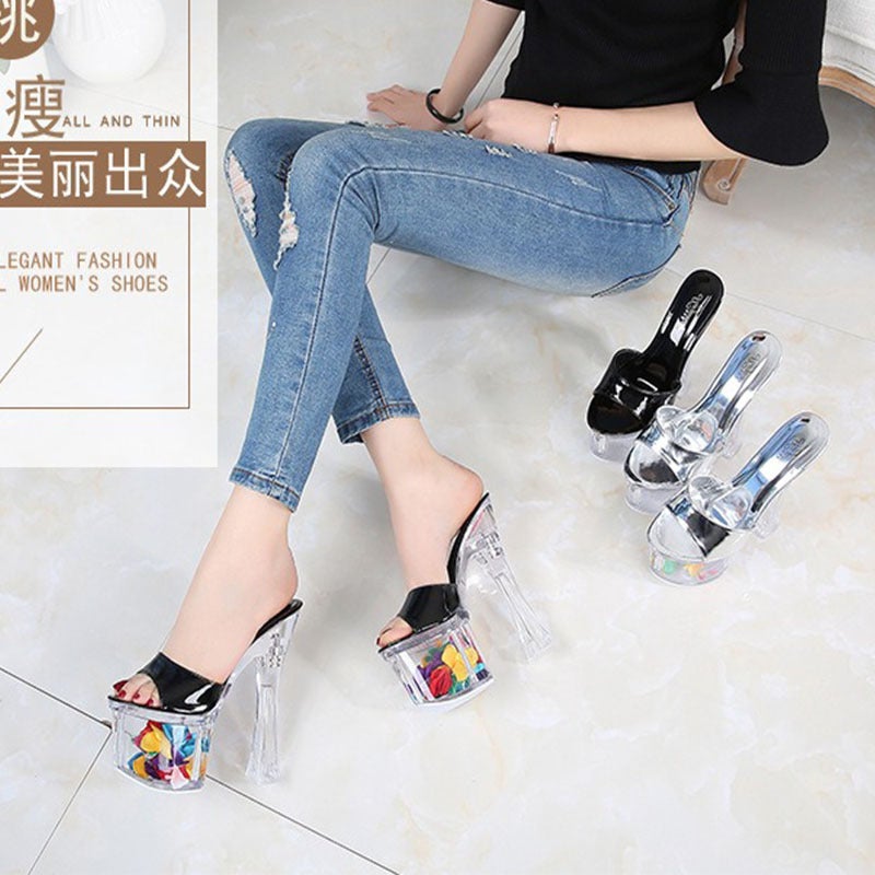 Plus Size Style Crystal Sandals Chunky Heel Nightclub Dance Shoes Peep Toe Waterproof Platform High Heel Slippers - Image 4