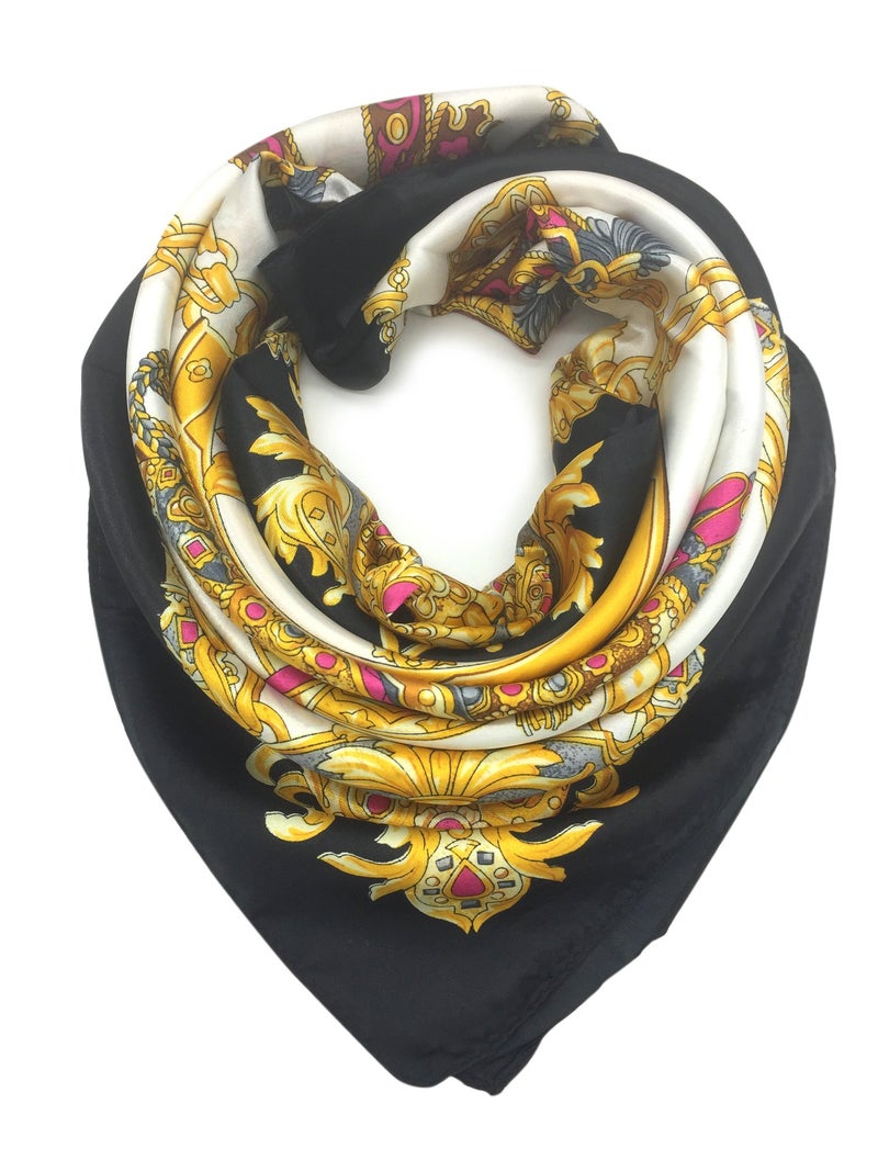 YOUR SMILE Silk Like Scarf Women's Fashion Pattern Large Square Satin Headscarf Headdress (Black/White V) - Image 1