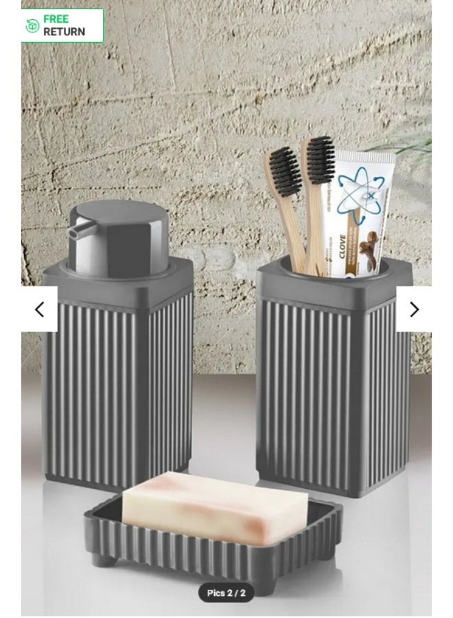 3-Piece Bathroom Accessories Set – Soap Dispenser with Pump, Solid Soap Dispenser, Toothbrush Holder – Elegant Square Design, Grey Plastic, Perfect for Bathroom or Kitchen - Image 1