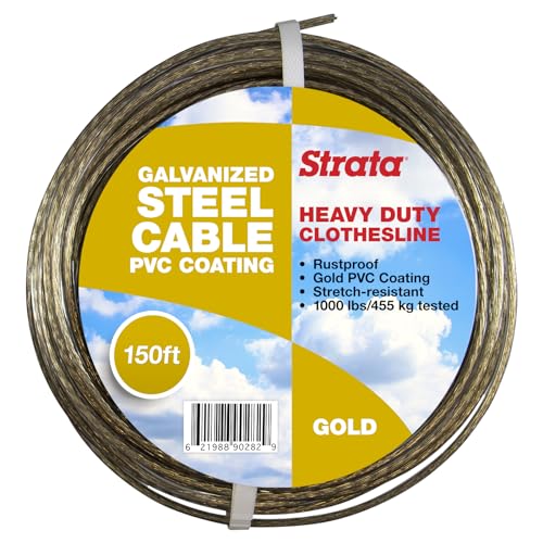 Strata 150 Feet Clothesline Outdoor Heavy Duty Galvanized Wire Steel Cable, Gold PVC Coating - Clothes Line Wires for Outside Laundry Drying - Image 1