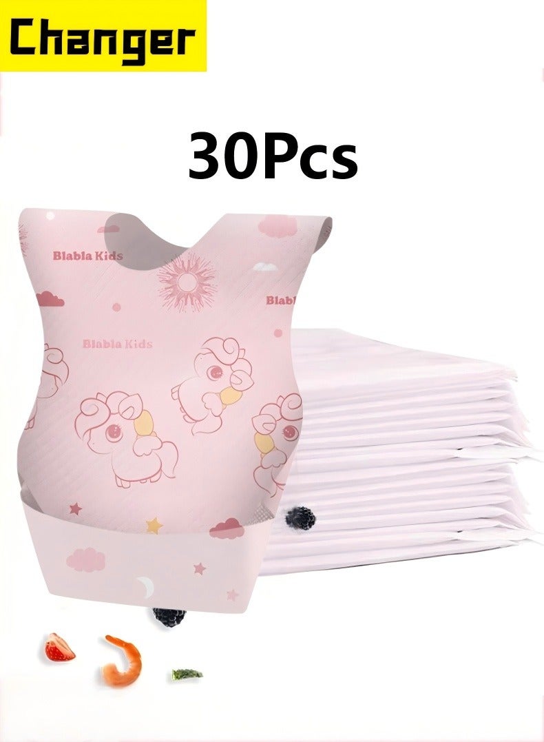 Changer 30 Pcs Baby Disposable Bibs Travel Feeding Bib- Leakproof Liner, Food Catcher Pocket for 6-18 Months Babies Toddlers, Pink - Image 1
