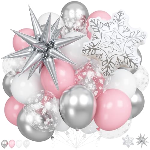 Togvu Pink Winter Wonderland Christmas Balloons 18 Inch White Snowflake Balloon Metallic Silver Explosion Star Foil Balloon for Princess Xmas Snow Winter Holiday Birthday Girl Baby Shower Party Decorations - Image 1