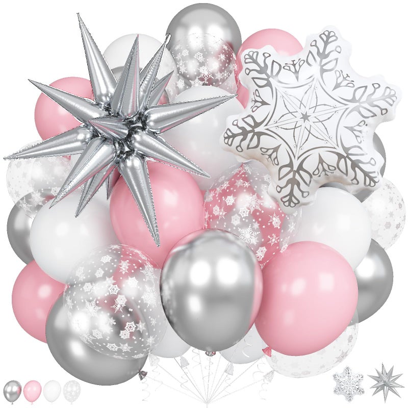 Togvu Pink Winter Wonderland Christmas Balloons 18 Inch White Snowflake Balloon Metallic Silver Explosion Star Foil Balloon for Princess Xmas Snow Winter Holiday Birthday Girl Baby Shower Party Decorations - Image 3