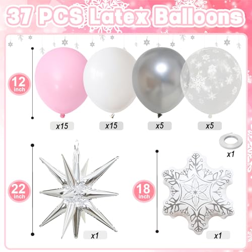 Togvu Pink Winter Wonderland Christmas Balloons 18 Inch White Snowflake Balloon Metallic Silver Explosion Star Foil Balloon for Princess Xmas Snow Winter Holiday Birthday Girl Baby Shower Party Decorations - Image 5