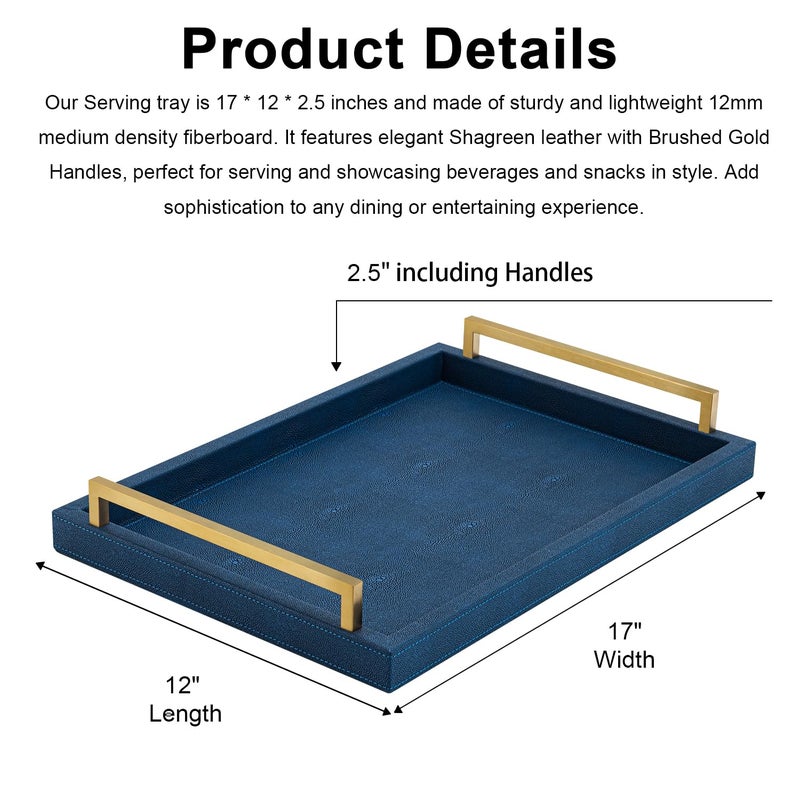 XIGEXIGE Navy Blue Decorative Serving Tray, Shagreen Leather Coffee Table Tray, Rectangle for Home Decor - Image 4