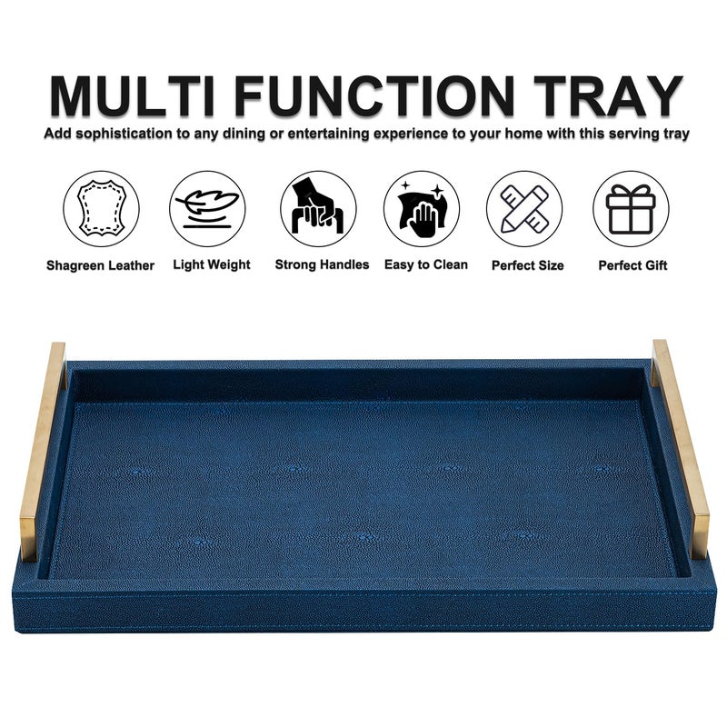 XIGEXIGE Navy Blue Decorative Serving Tray, Shagreen Leather Coffee Table Tray, Rectangle for Home Decor - Image 3